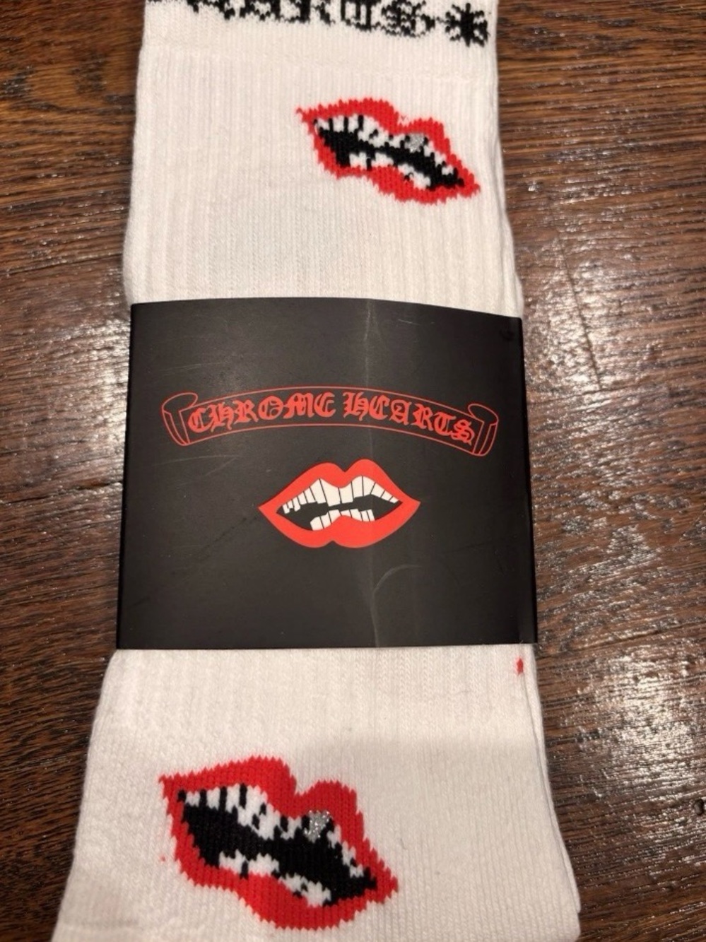 Chrome Hearts White Crew Socks with Red & Black Lip Motif